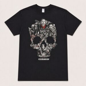 AMC The Walking Dead Graphic T-Shirt Black Skull Cast Collage Short Sleeve XL